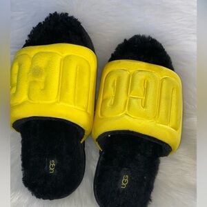 UGG Bright Yellow Slides with Black Fuzzy Lining
